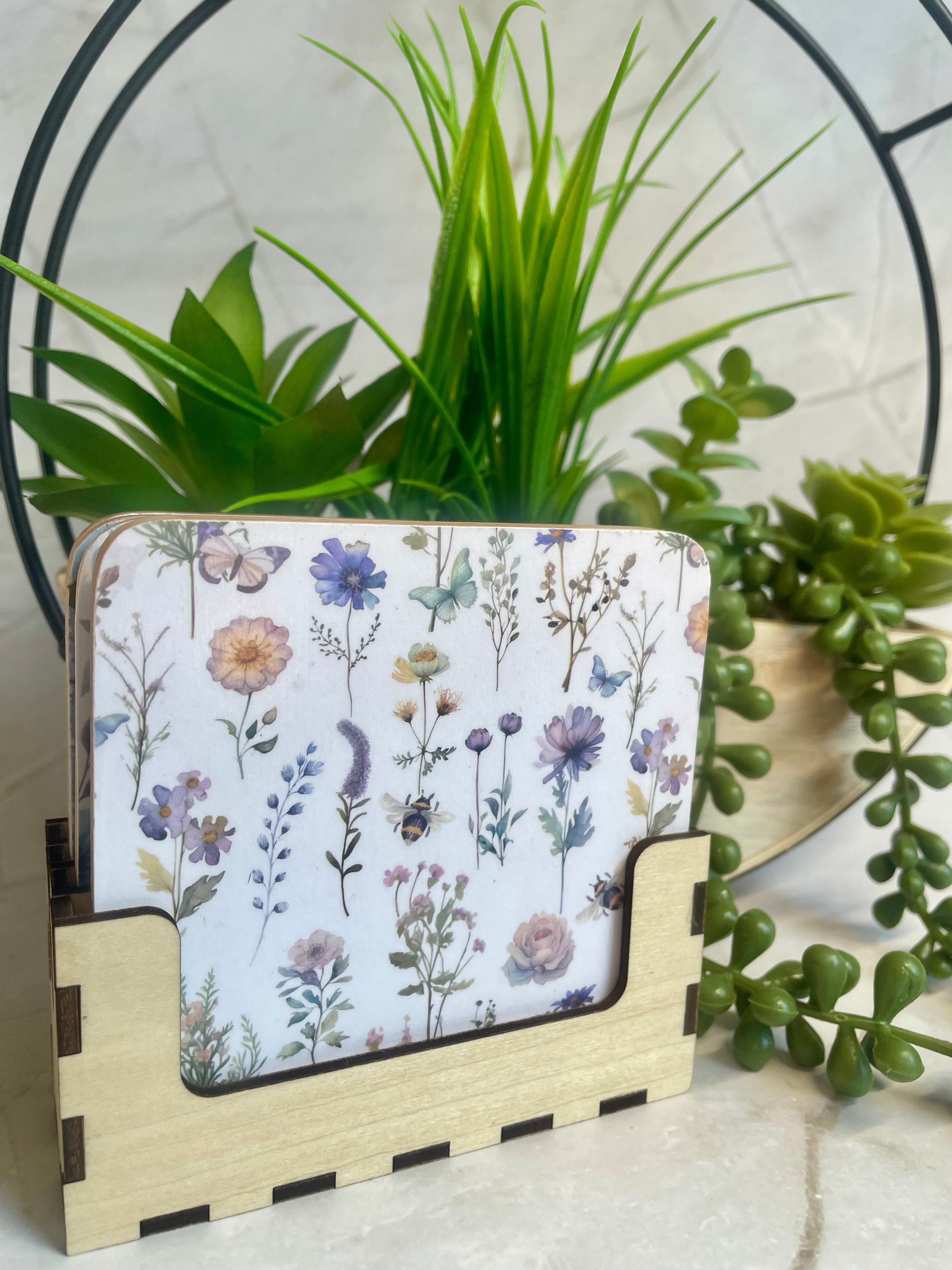 Floral Wooden Coaster Set with Holder – Botanical Drink Coasters