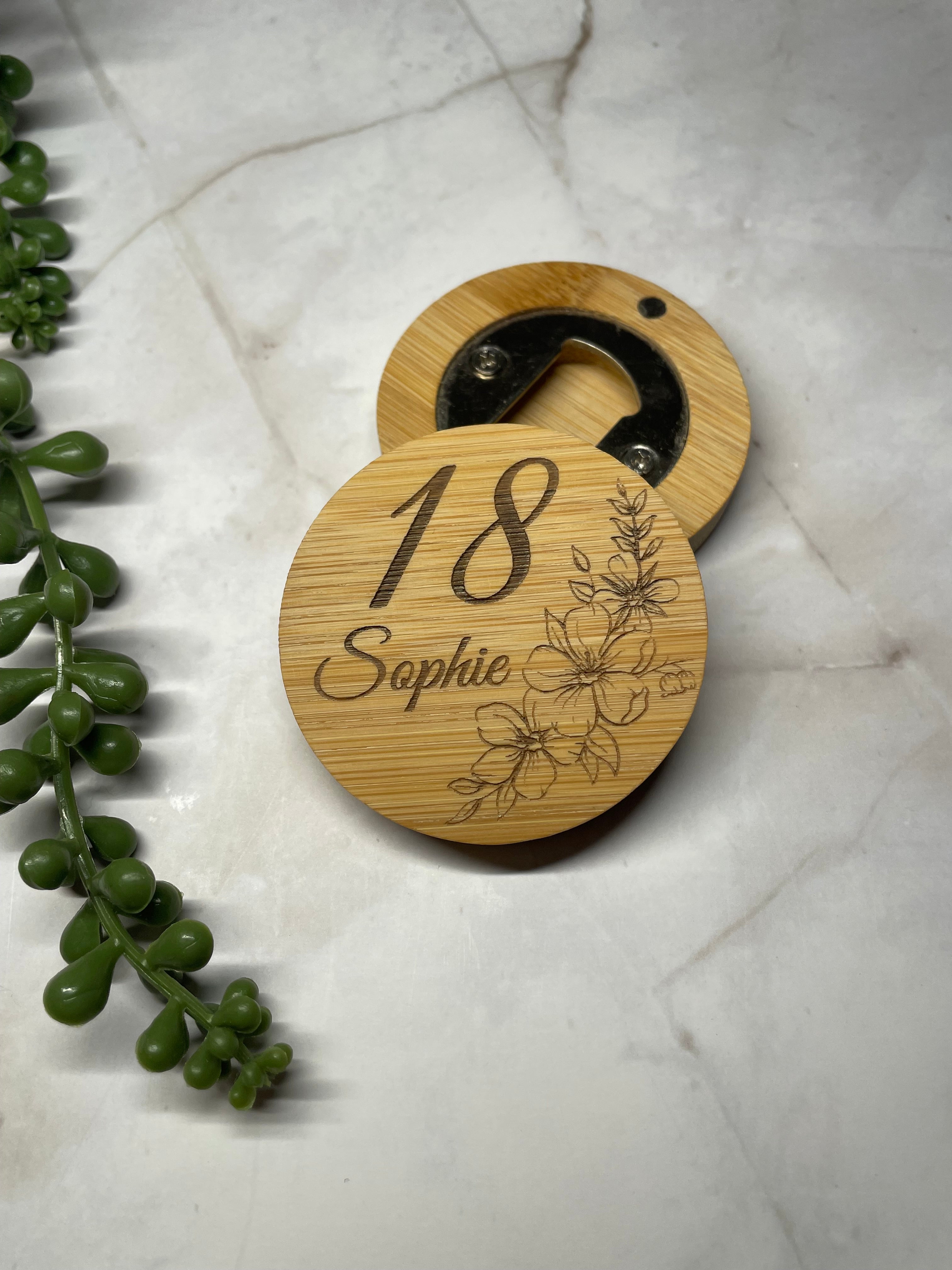 Personalised Bamboo Magnetic Bottle Opener – Custom Name & Age Birthday Gift