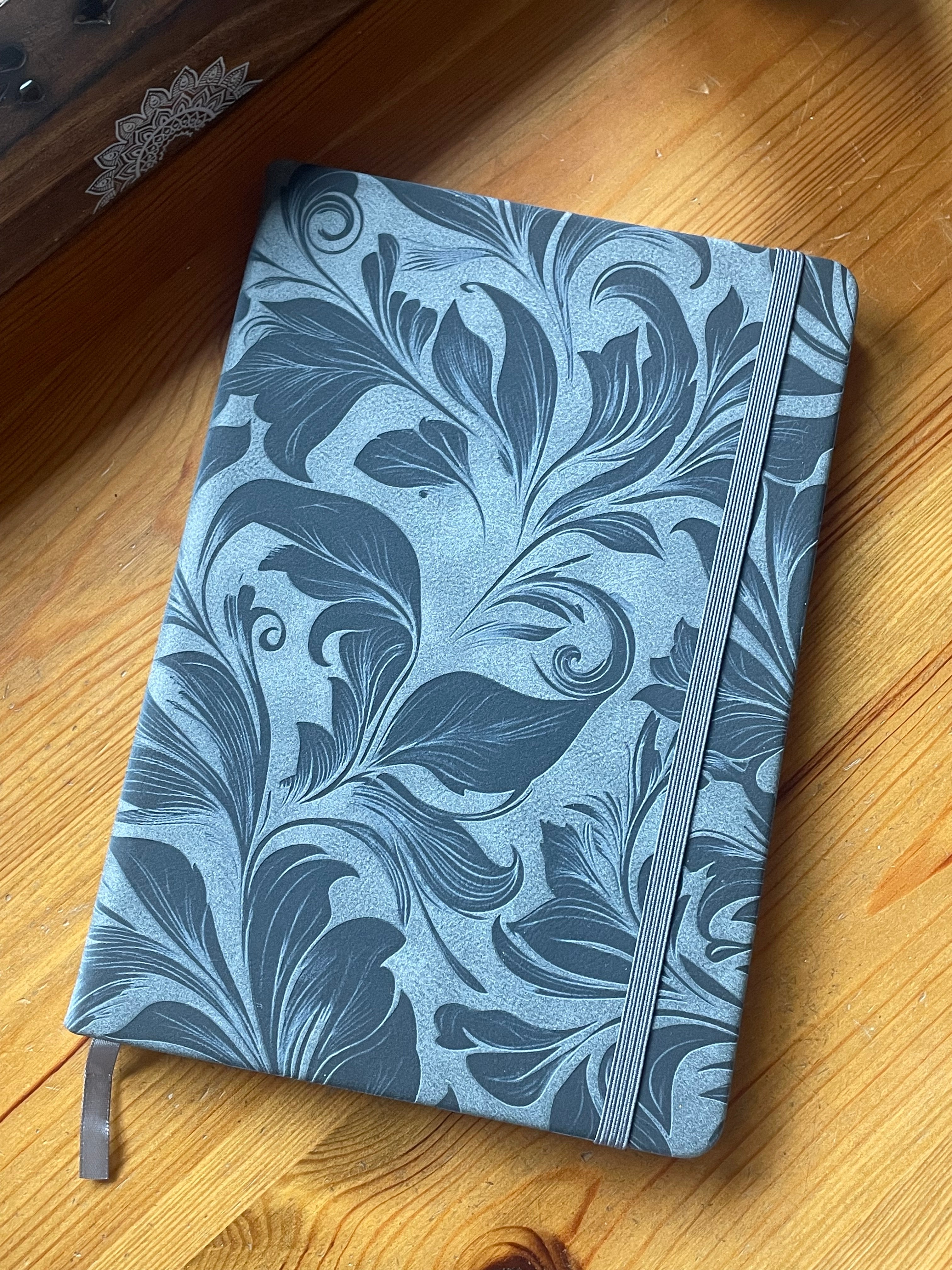 Full Grey Floral- Engraved A5 Faux Leather Lined Notebook