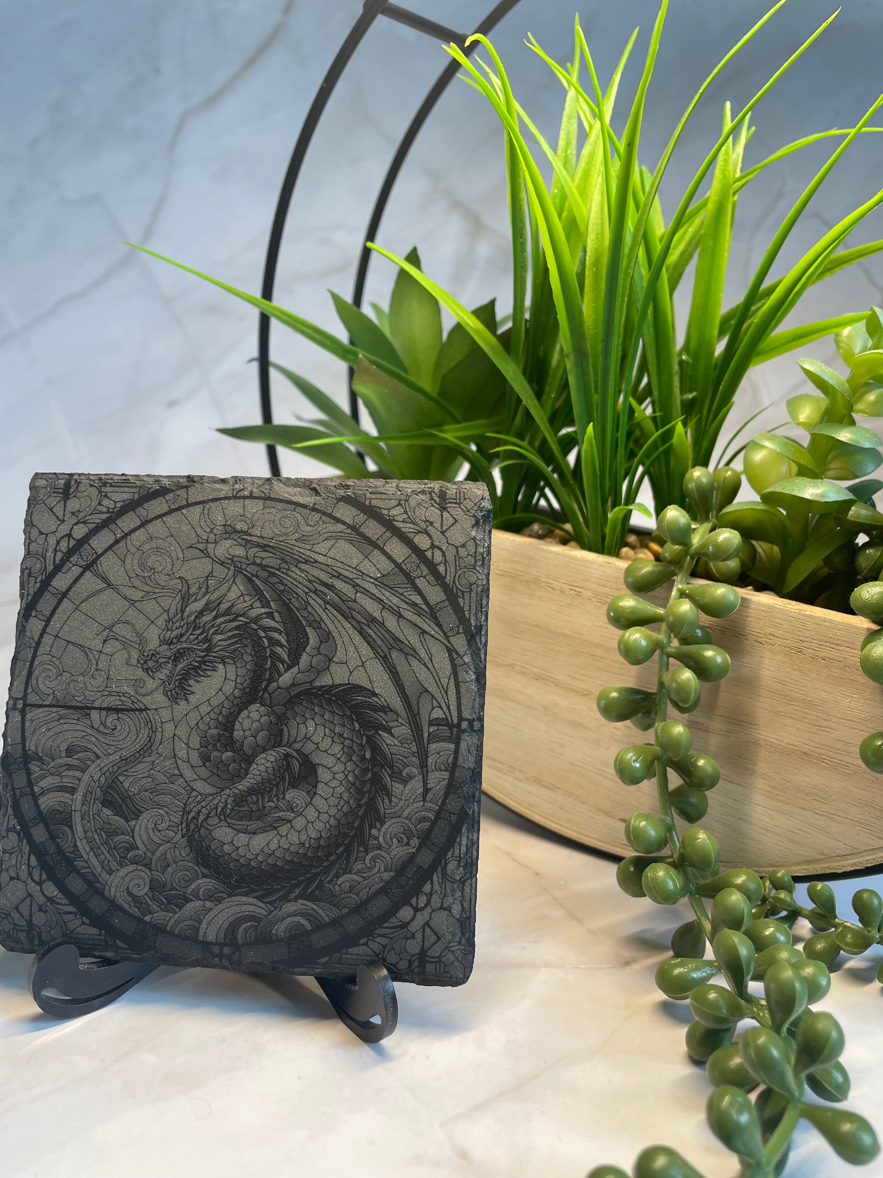 Dragon Engraved Slate Coaster – Fantasy Laser Engraved Dragon Decor