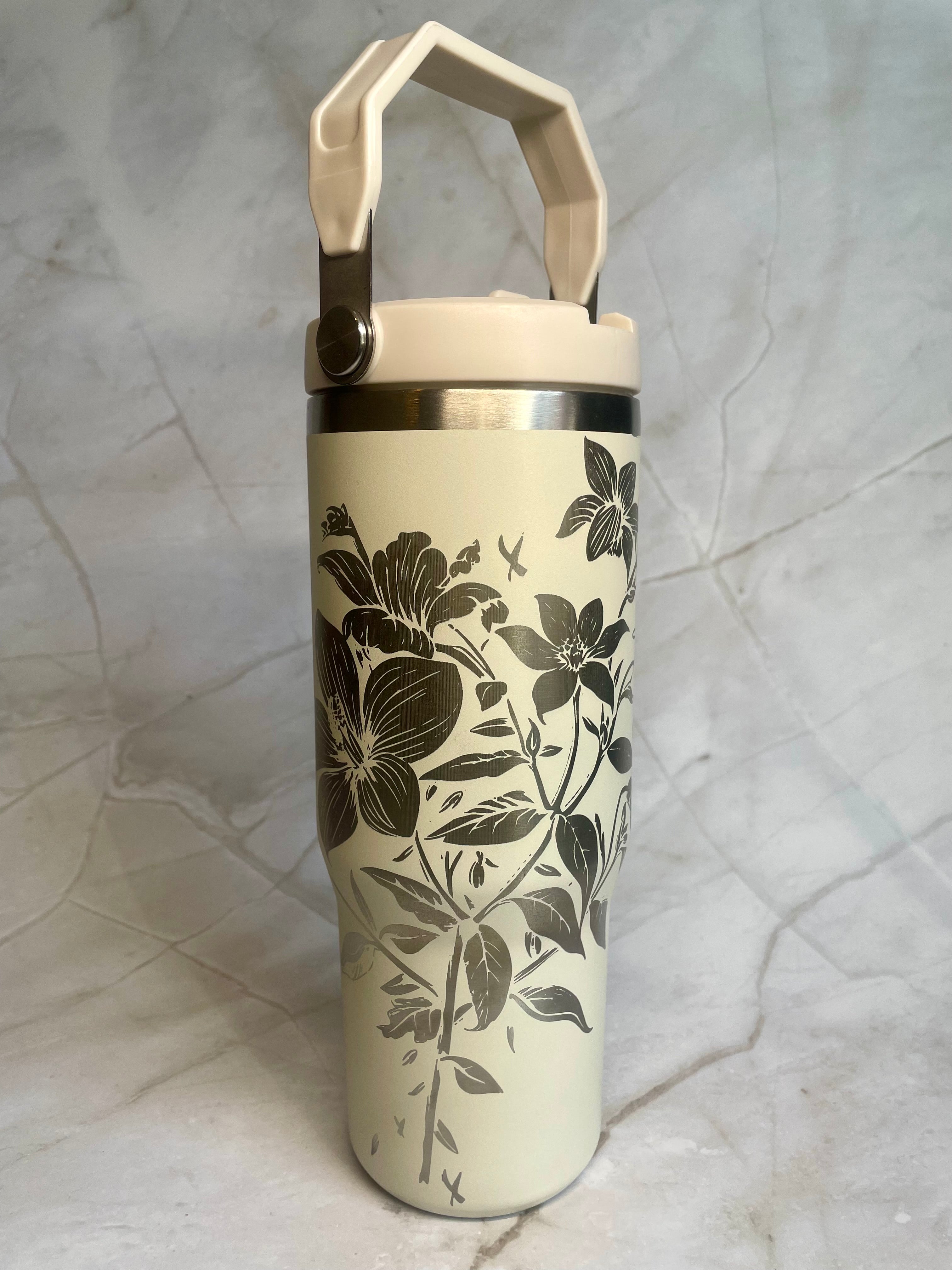 Floral & Hummingbird Engraved Stainless Steel Tumbler – Botanical Travel Mug