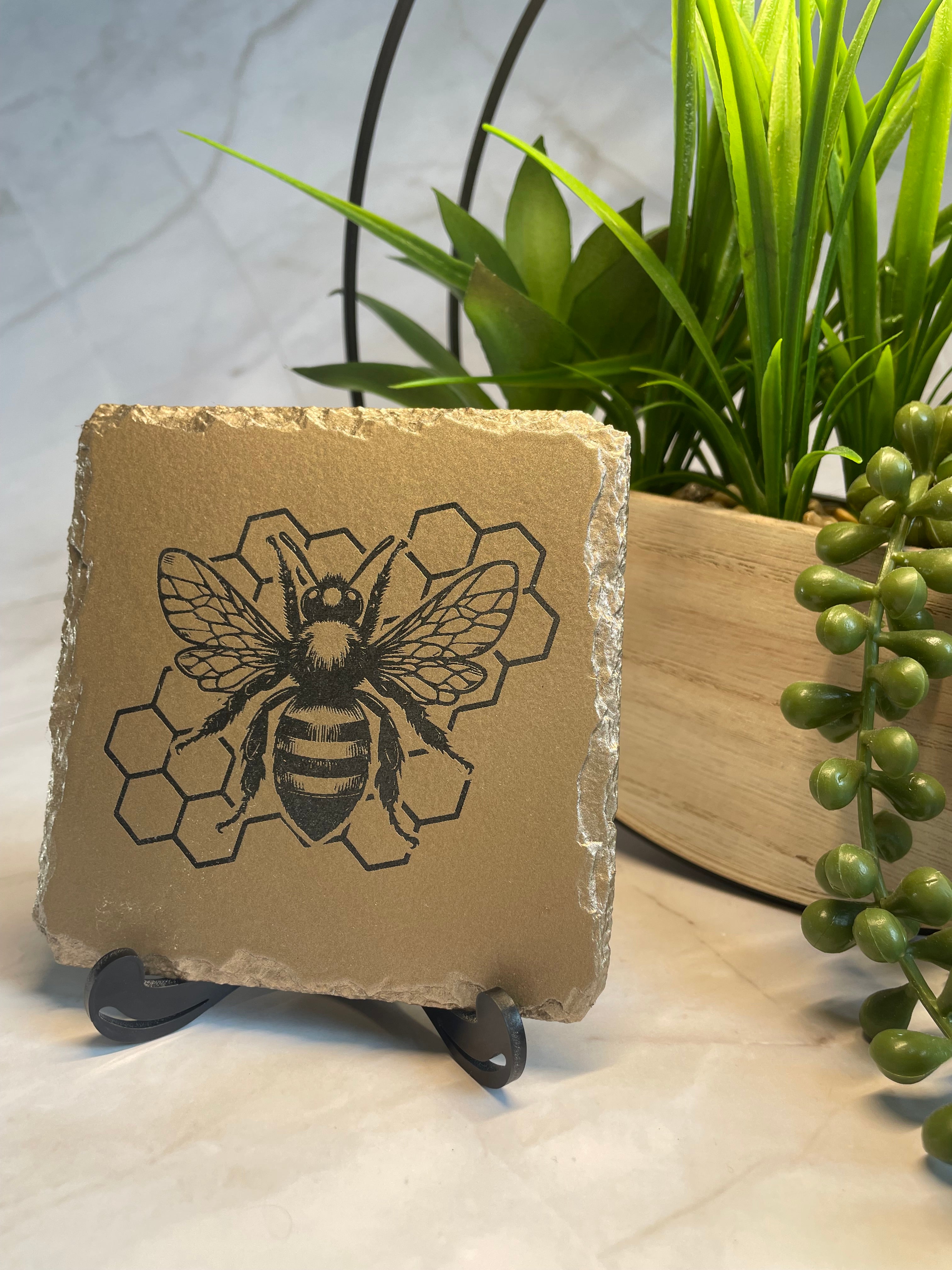 Bee Engraved Slate Coaster – Honey Bee & Honeycomb Rustic Decor