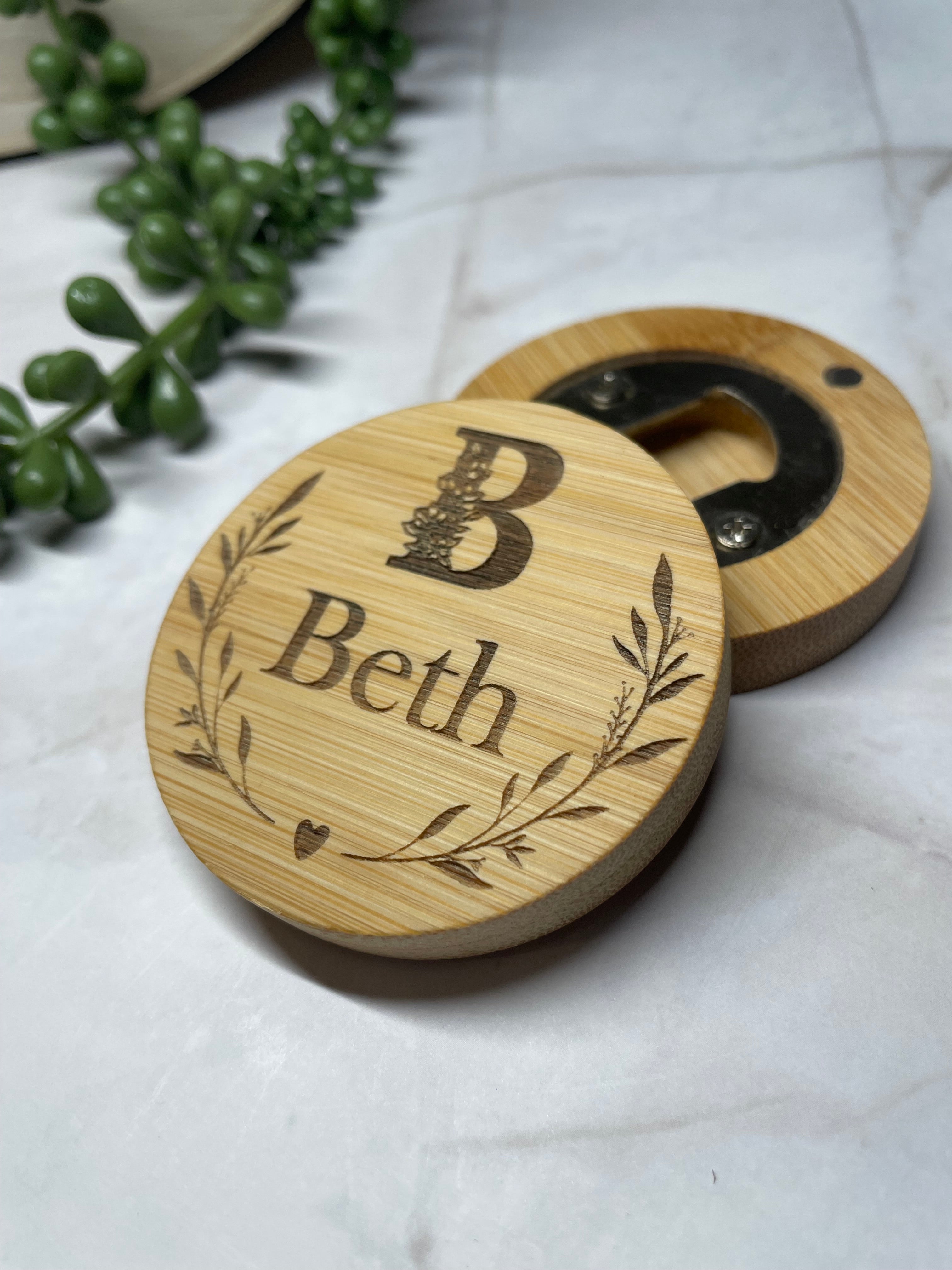 Personalised Bamboo Magnetic Bottle Opener – Initial & Name Gift