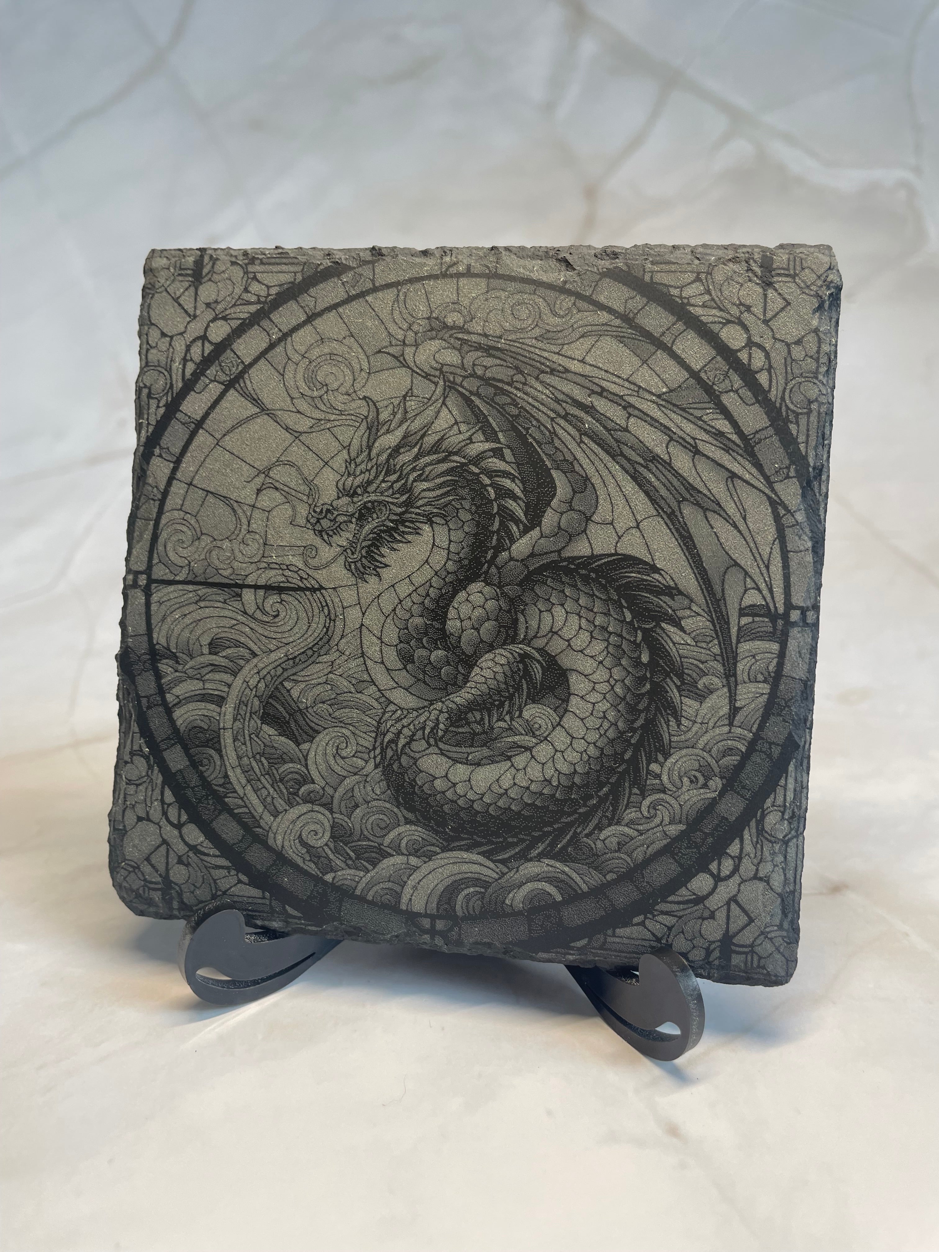 Dragon Engraved Slate Coaster – Fantasy Laser Engraved Dragon Decor