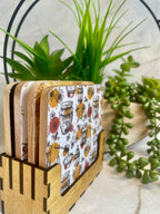 Bee Themed Wooden Coaster Set with Holder – Honeybee Drink Coasters