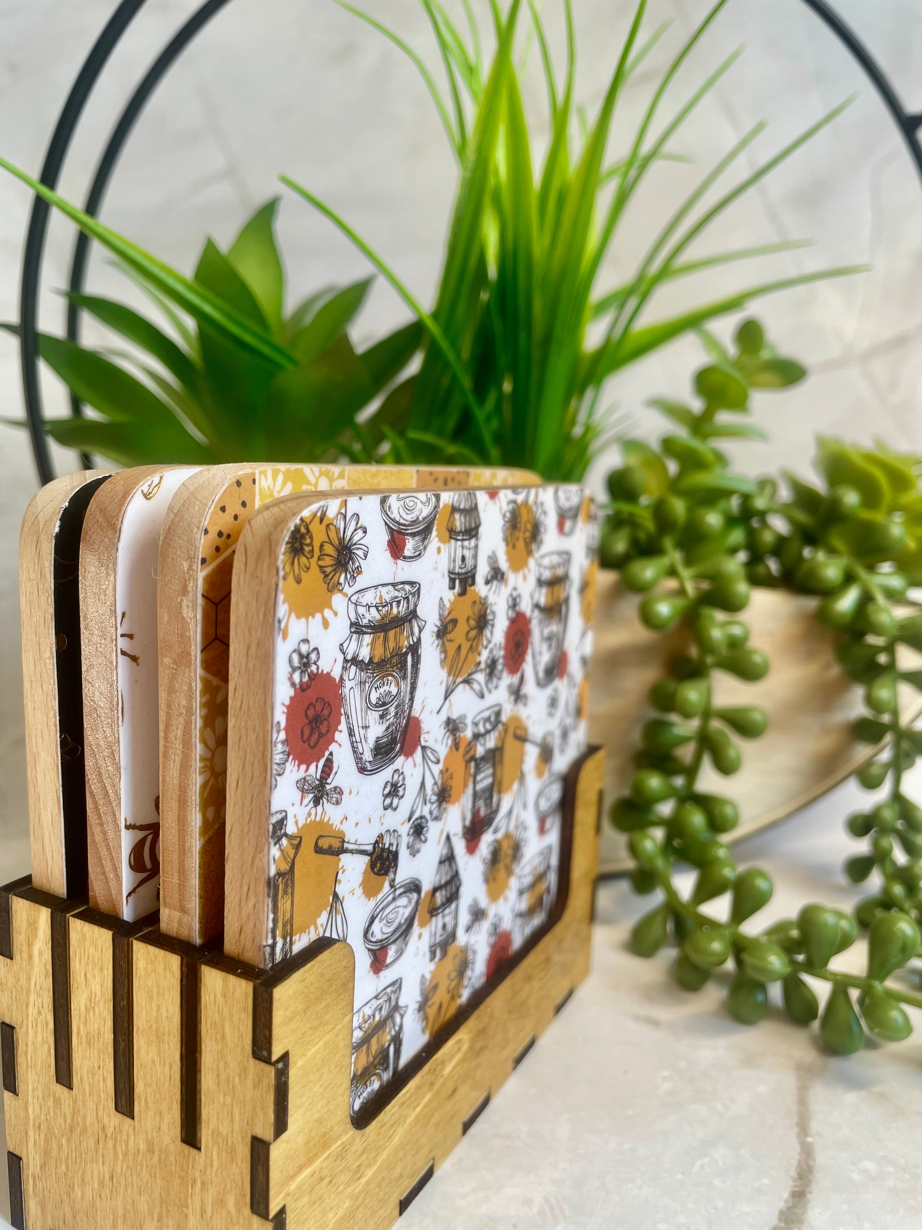 Bee Themed Wooden Coaster Set with Holder – Honeybee Drink Coasters