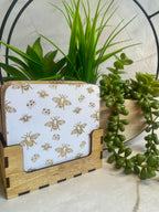 Bee Themed Wooden Coaster Set with Holder – Honeybee Drink Coasters