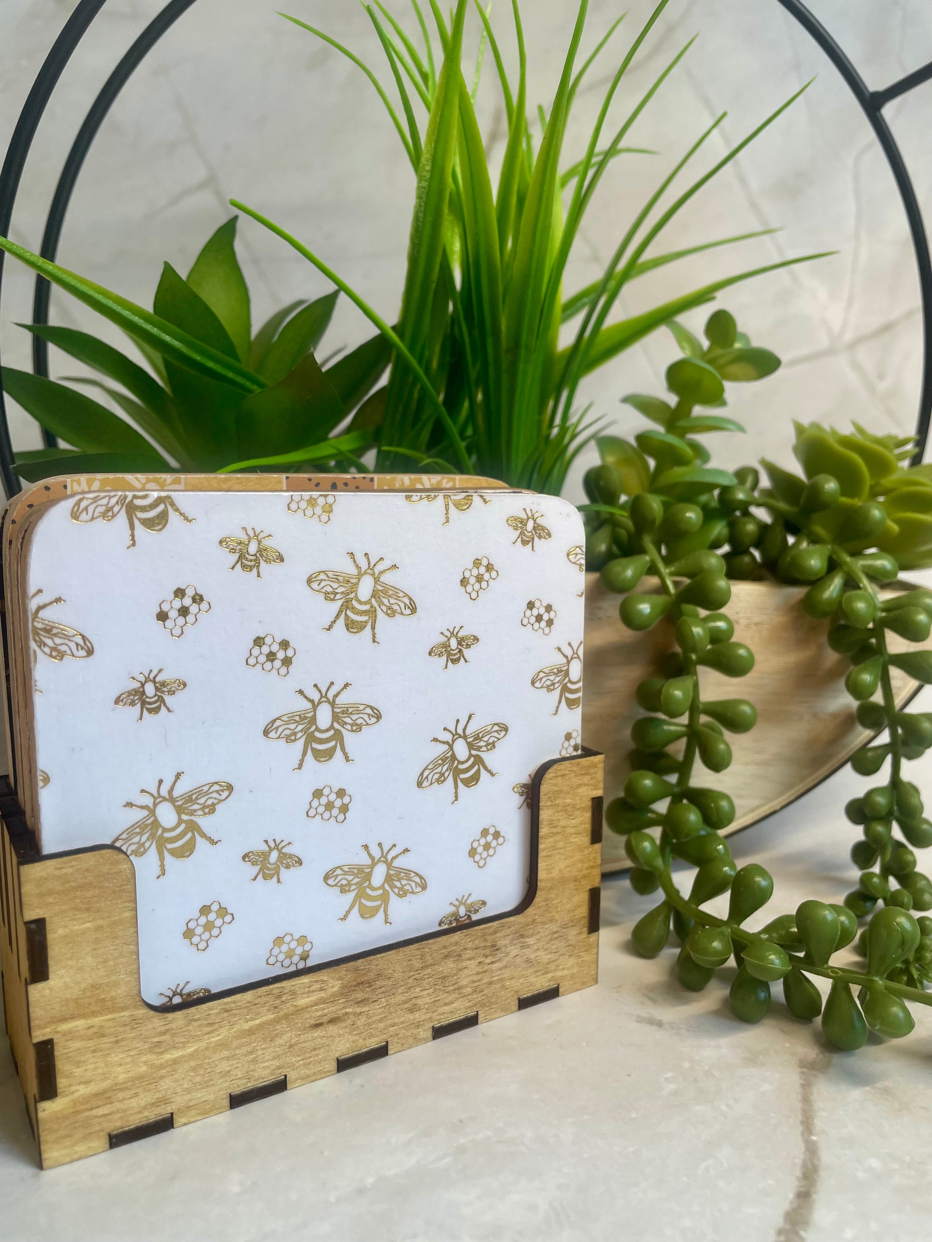 Bee Themed Wooden Coaster Set with Holder – Honeybee Drink Coasters