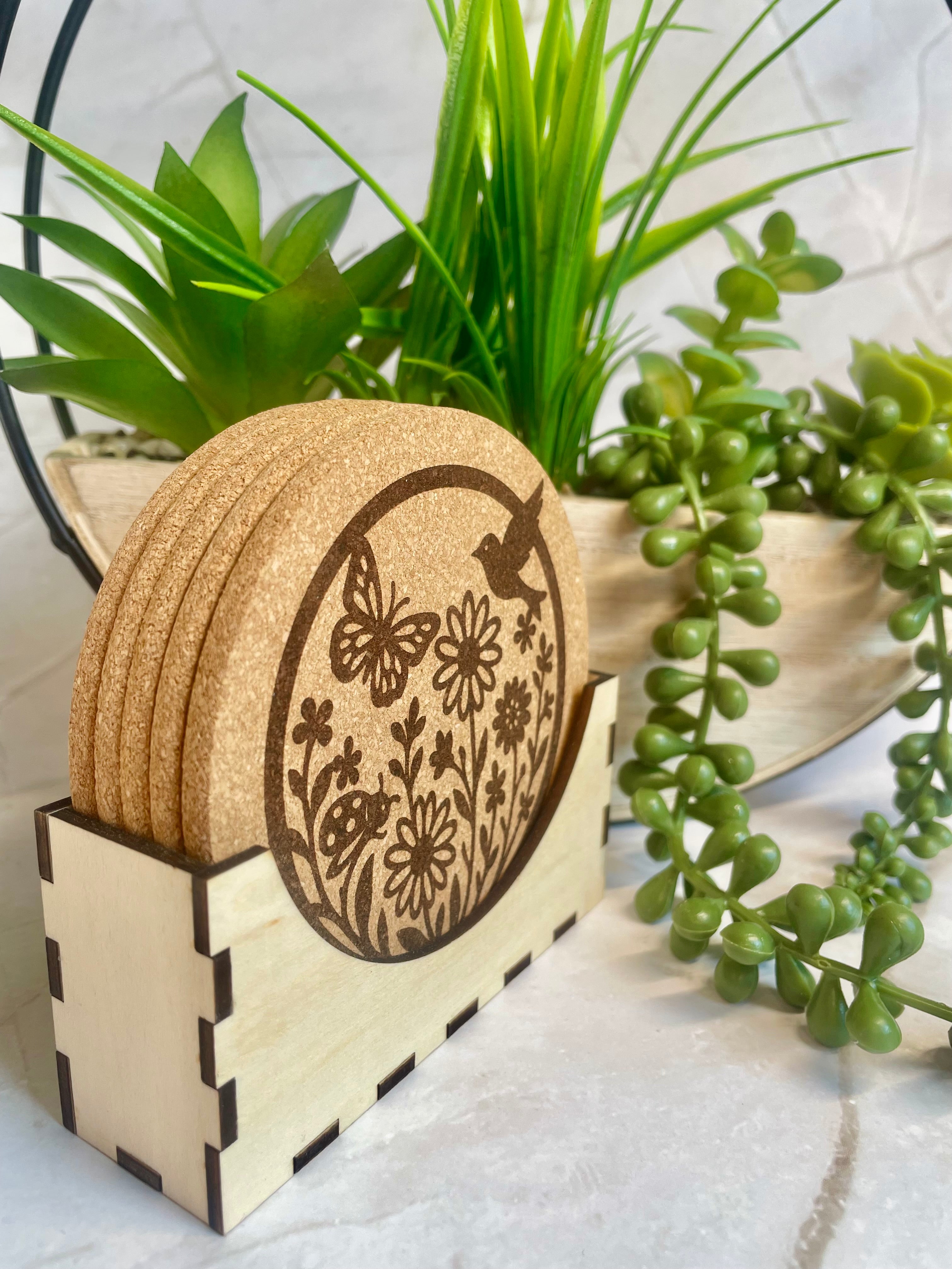 Nature Engraved Cork Coaster Set with Holder – Butterfly Floral Drink Coasters