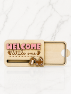 Wooden welcome little one gift card holder with sliding insert compartment for gift cards