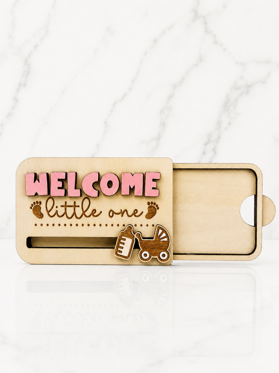 Wooden welcome little one gift card holder with sliding insert compartment for gift cards