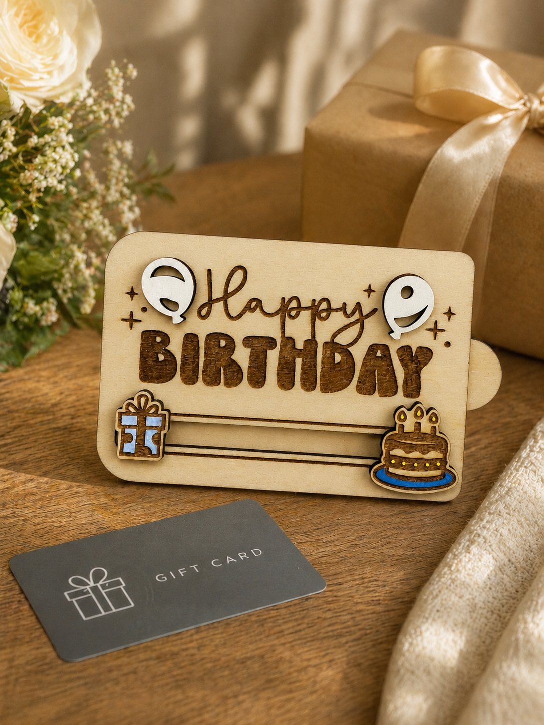 Wooden happy birthday gift card holder displayed with wrapped gift box and card on table