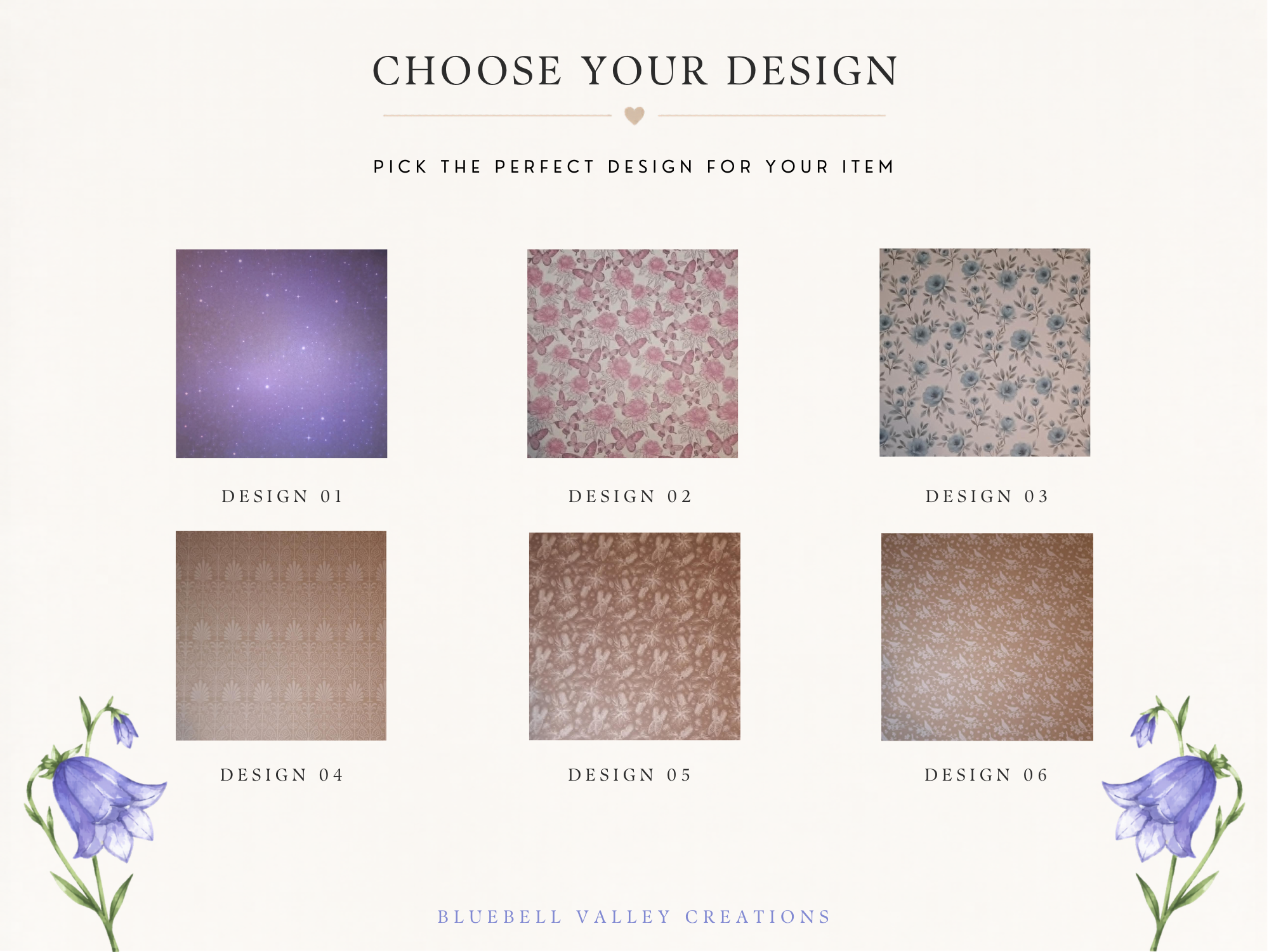Design selection for Bluebell Valley Creations with six patterned designs.