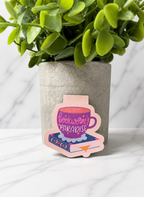 Cute pink magnetic bookmark with coffee cup and book design for book lovers