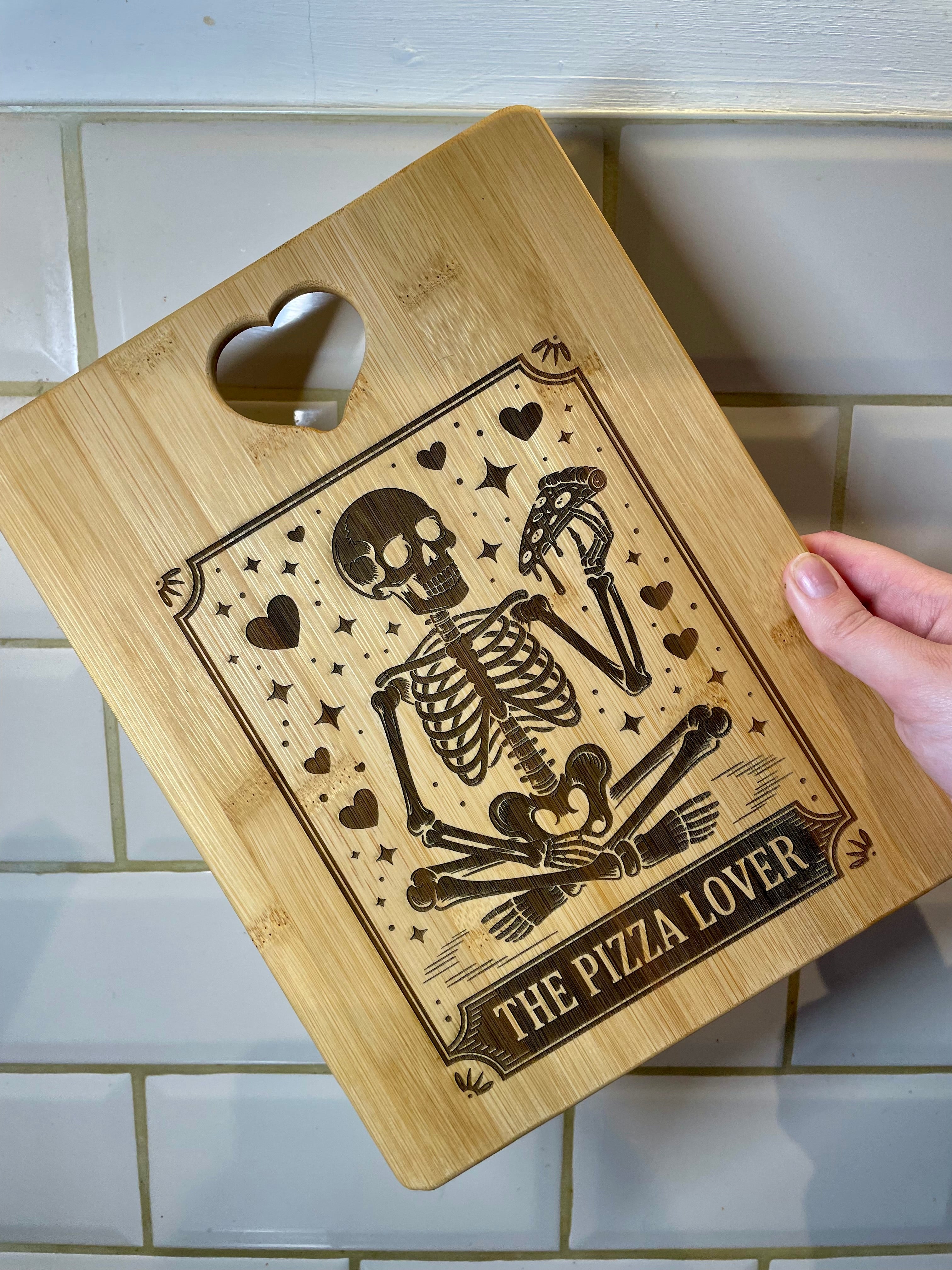 Pizza Lover Engraved Bamboo Chopping Board – Funny Skeleton Pizza Board