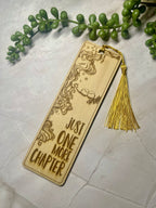 Engraved Wooden Bookmark – “Just One More Chapter” – Book Lover Gift – Rustic Basswood Page Marker with Tassel