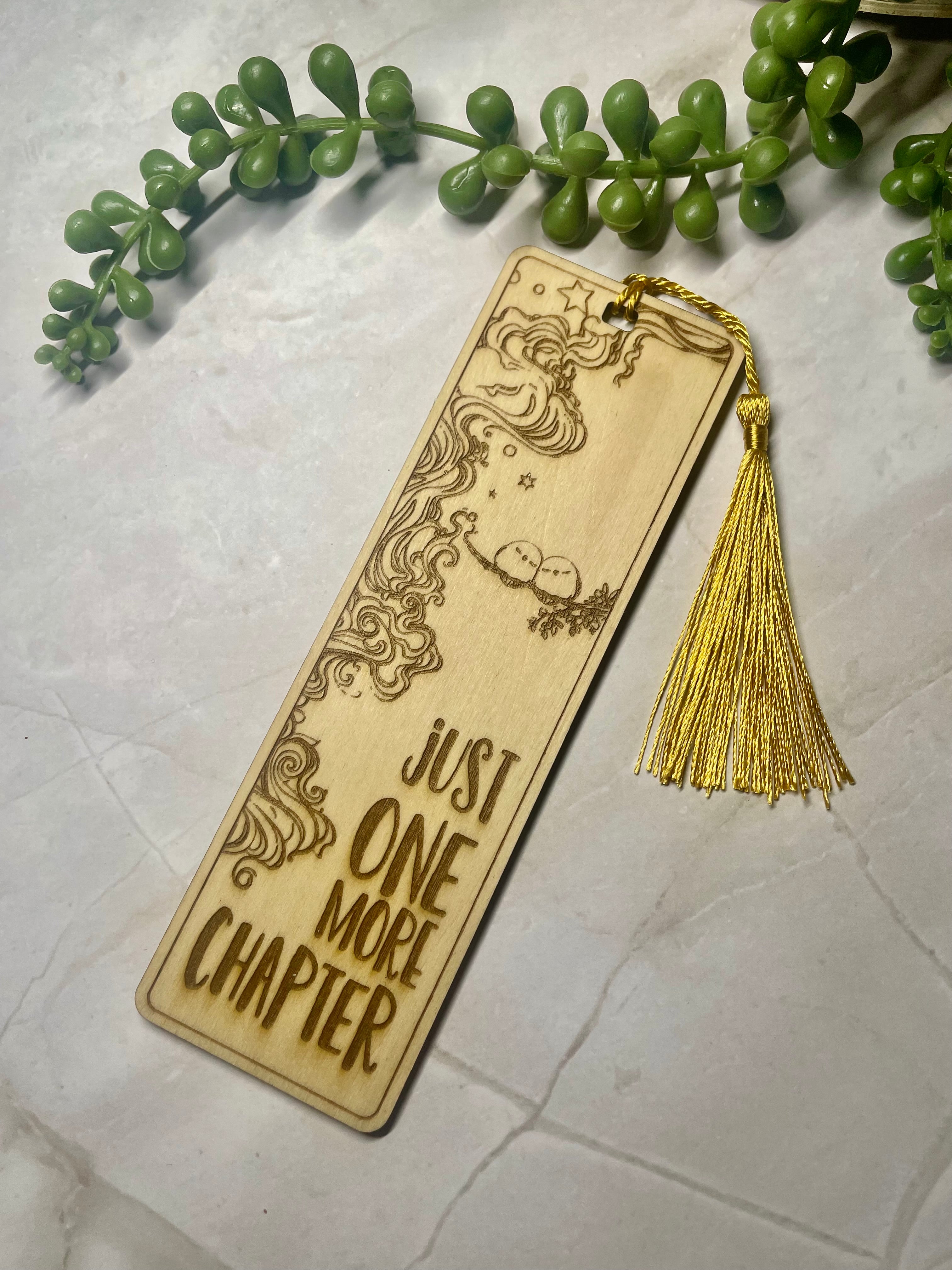 Engraved Wooden Bookmark – “Just One More Chapter” – Book Lover Gift – Rustic Basswood Page Marker with Tassel
