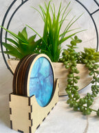 Blue Abstract Watercolour Coaster Set with Holder – Modern Drink Coasters