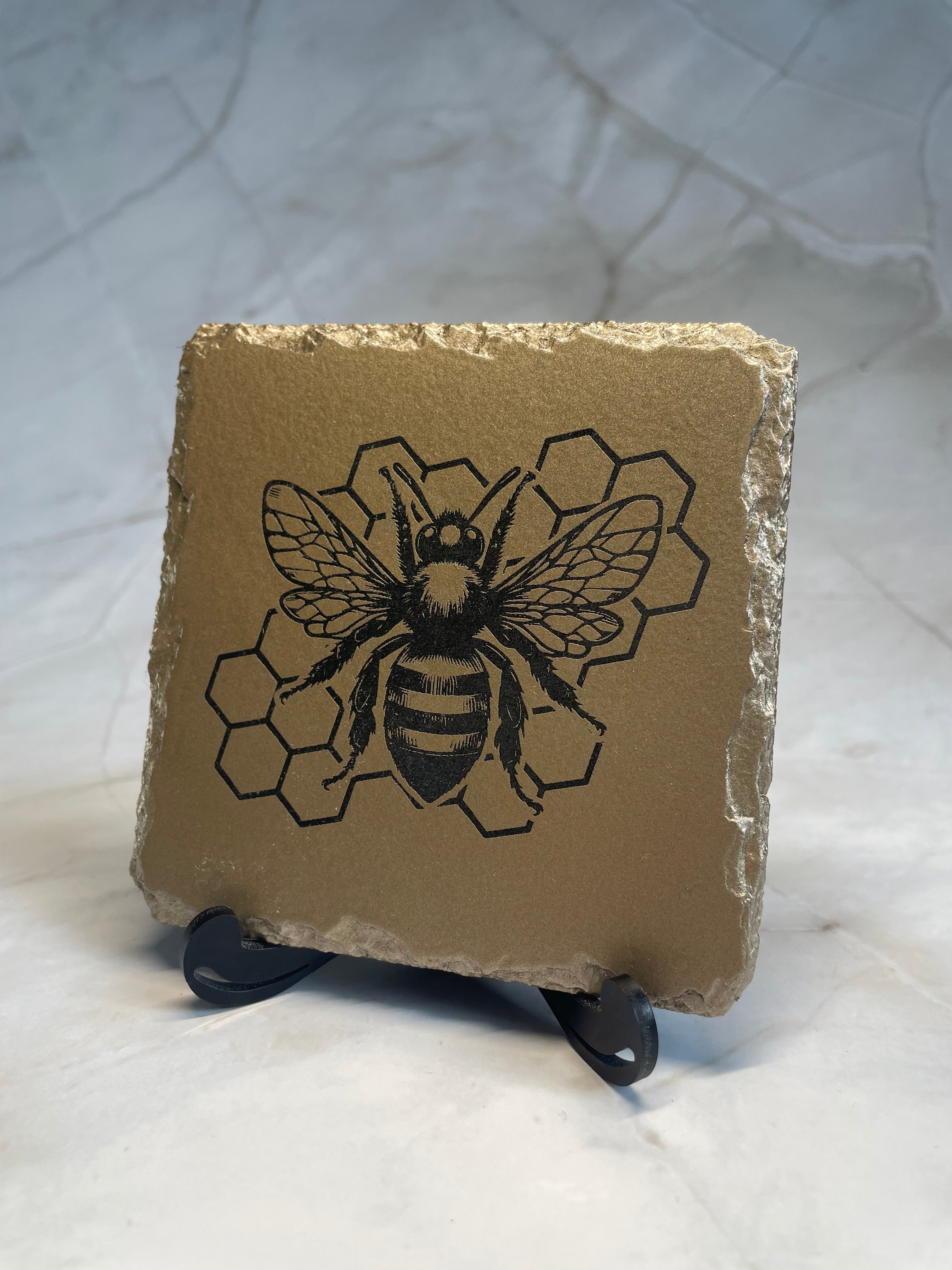 Bee Engraved Slate Coaster – Honey Bee & Honeycomb Rustic Decor