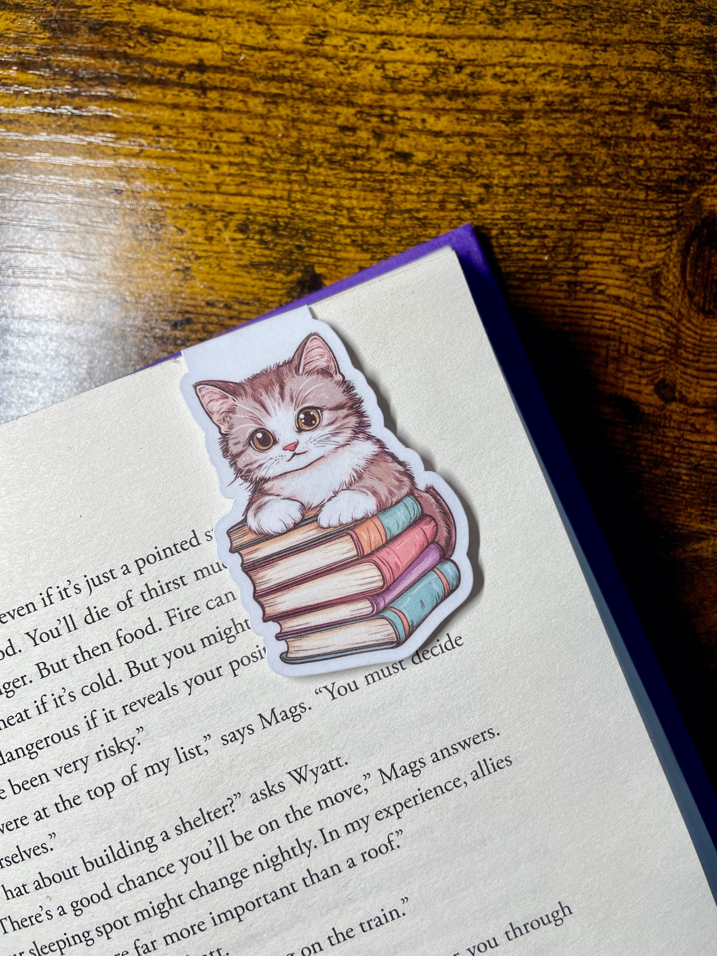 Cute Cat On Book Stack Magnetic Bookmark