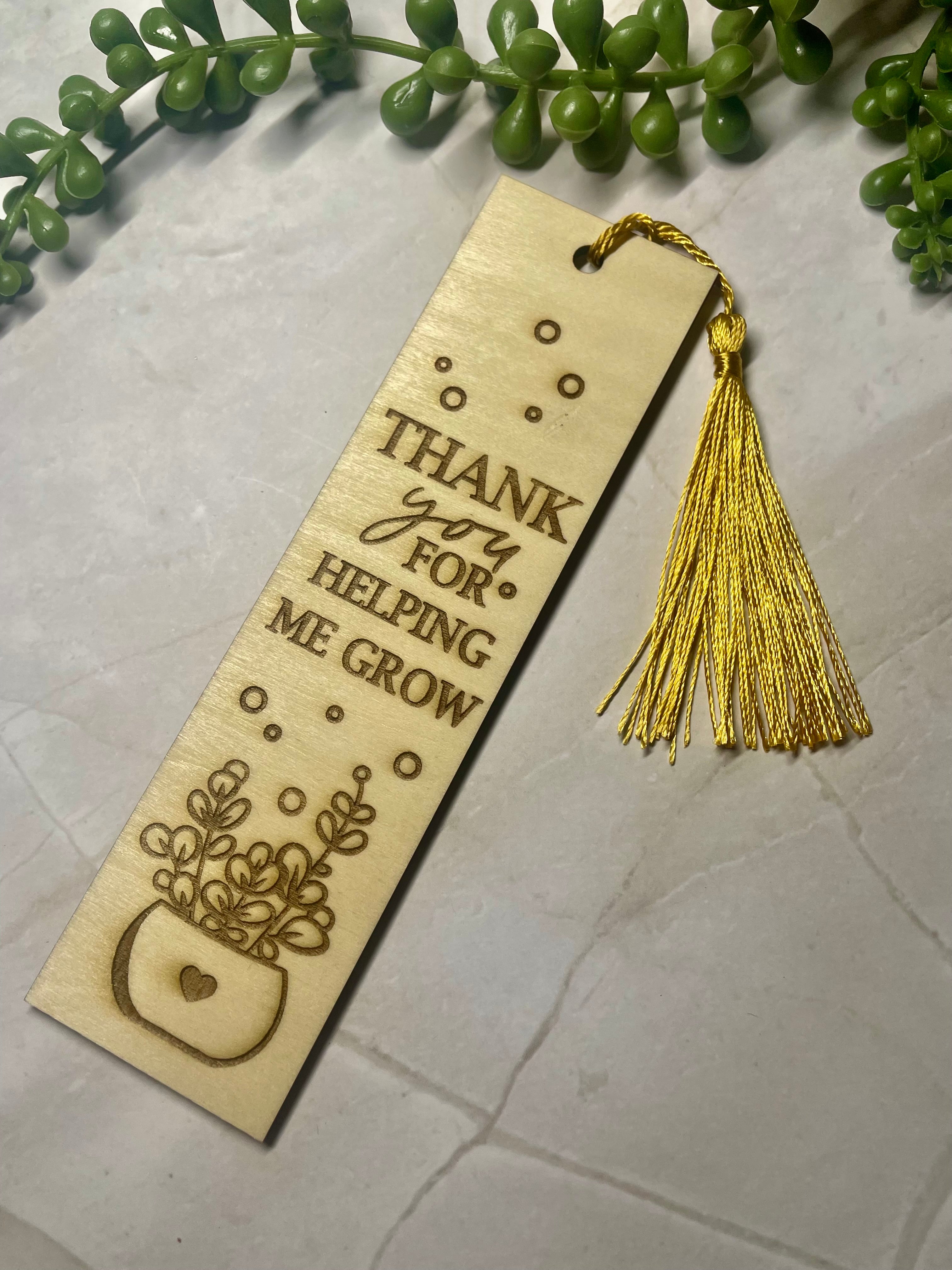Engraved Wooden Bookmark – “Thank You For Helping Me Grow” – Teacher Appreciation Gift – Rustic Basswood Page Marker with Tassel