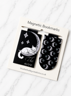 Moon cat magnetic bookmark set displayed on Bluebell Valley Creations branded packaging