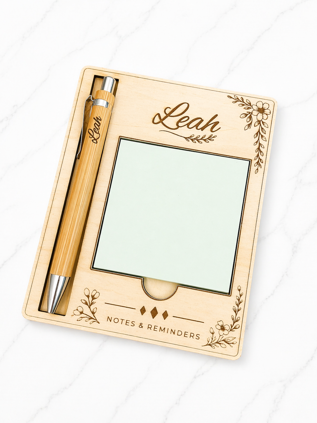 Personalised Wooden Sticky Note Holder with Pen – Desk Organiser