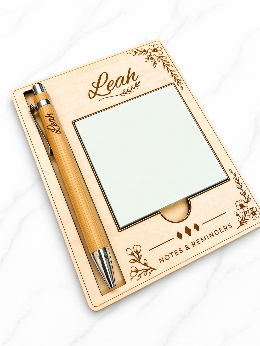 Personalised Wooden Sticky Note Holder with Pen – Desk Organiser