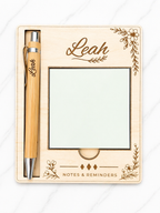 Personalised Wooden Sticky Note Holder with Pen – Desk Organiser
