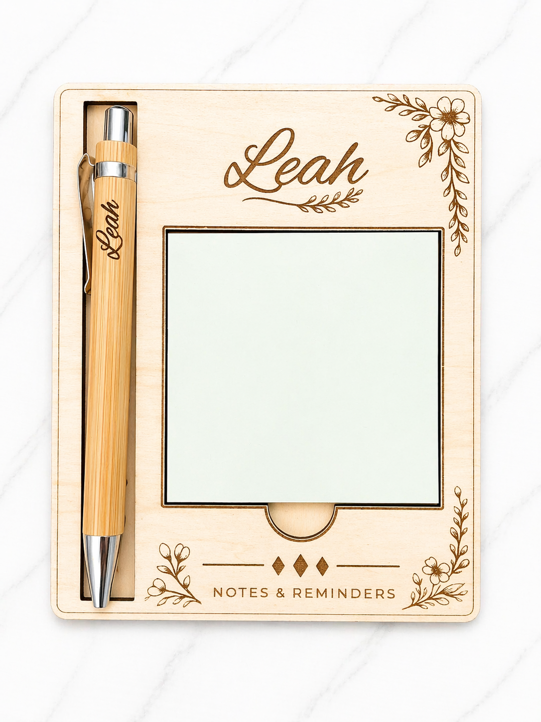 Personalised Wooden Sticky Note Holder with Pen – Desk Organiser