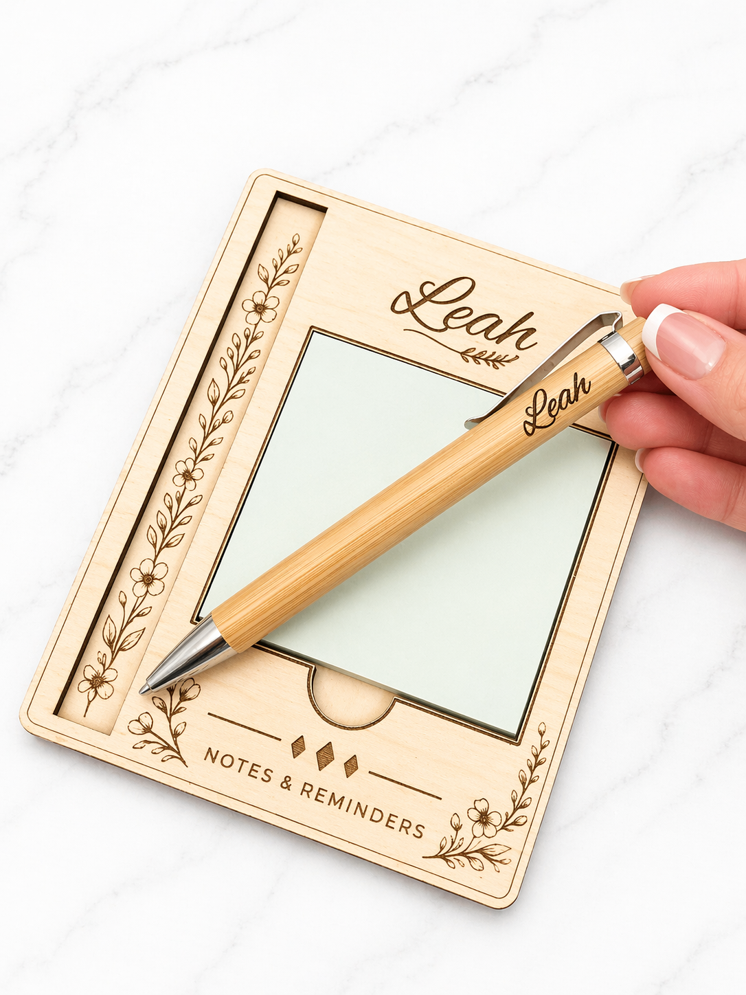 Personalised Wooden Sticky Note Holder with Pen – Desk Organiser