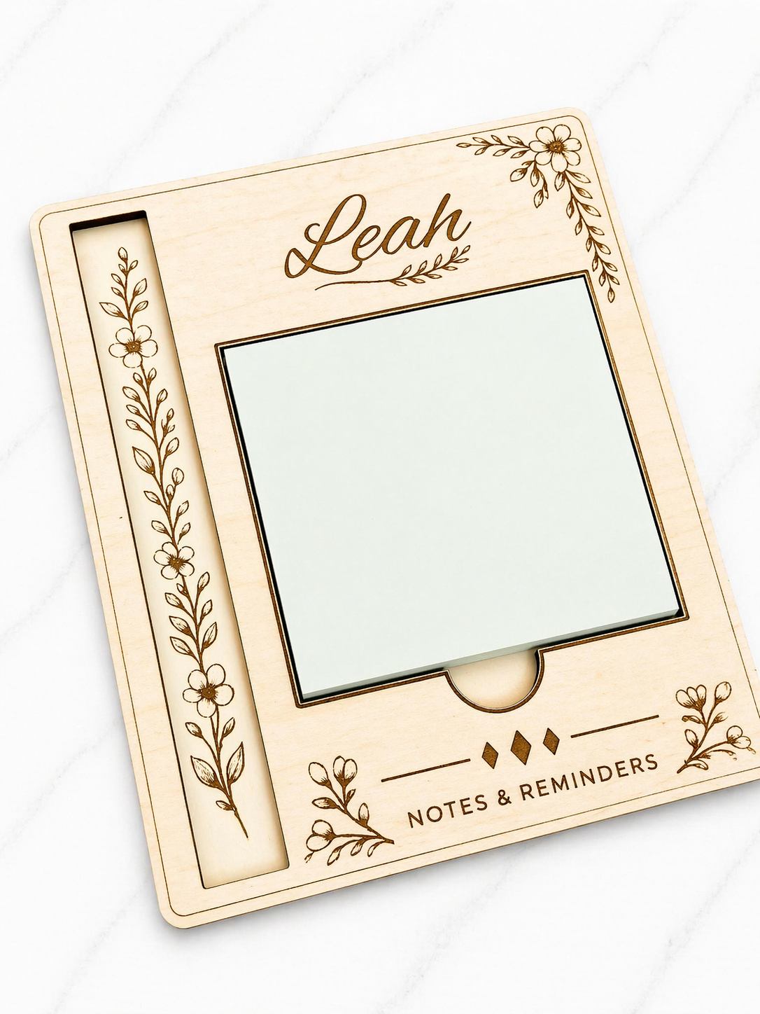 Personalised Wooden Sticky Note Holder with Pen – Desk Organiser