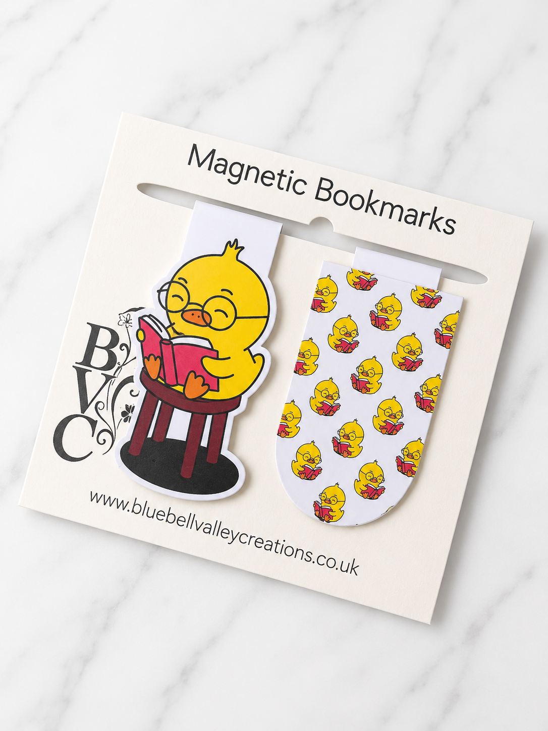 Magnetic chick bookmark set displayed on Bluebell Valley Creations backing card