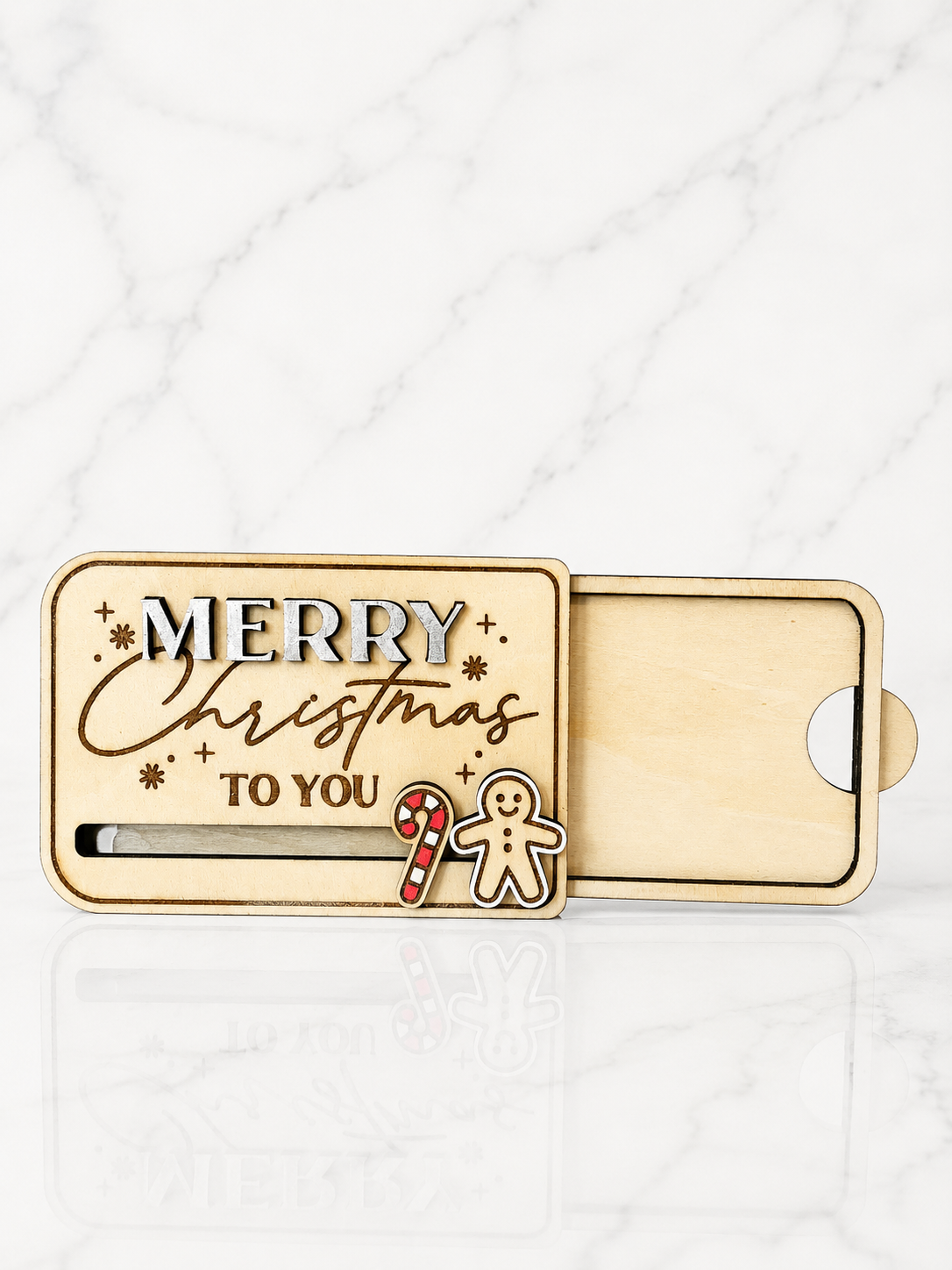 Wooden Merry Christmas gift card holder with sliding compartment for inserting gift card