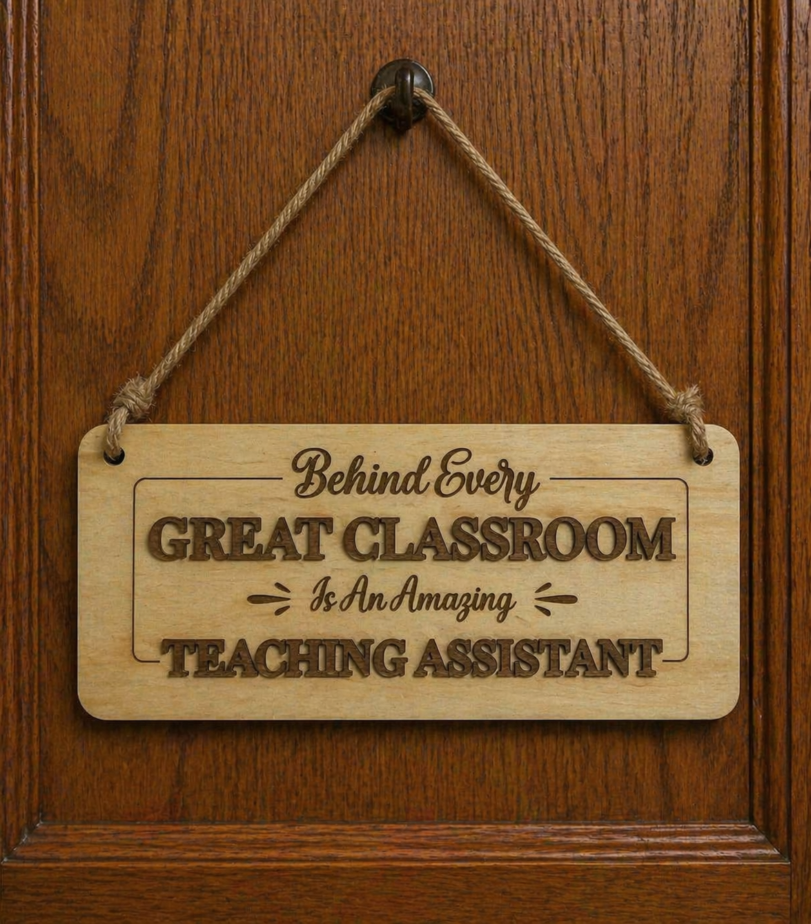 Wooden teaching assistant sign hanging on door with engraved quote about great classrooms and amazing teaching assistants
