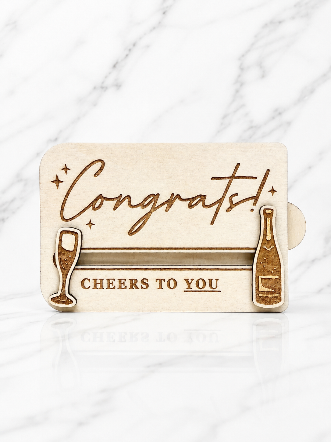 Laser engraved wooden congratulations gift card holder with champagne bottle and glass design