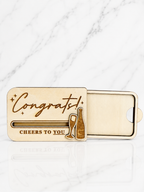 Wooden congratulations gift card holder with sliding compartment for standard gift cards