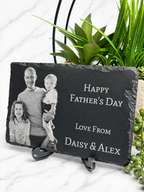 Custom engraved family photo slate with dad and children, personalised Father’s Day gift with green plant background