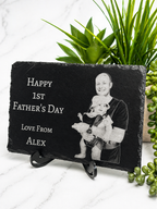 Custom engraved photo slate for dad with baby picture, personalised Father’s Day gift with green plant background
