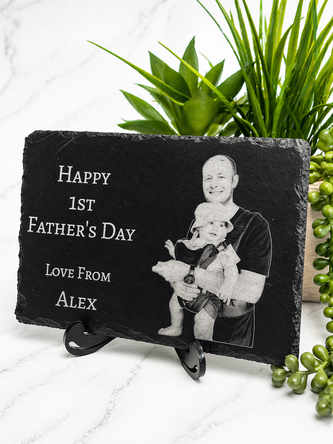 Custom engraved photo slate for dad with baby picture, personalised Father’s Day gift with green plant background