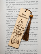 Custom teacher bookmark engraved “Thank you for being part of my story” with name Miss Studholme