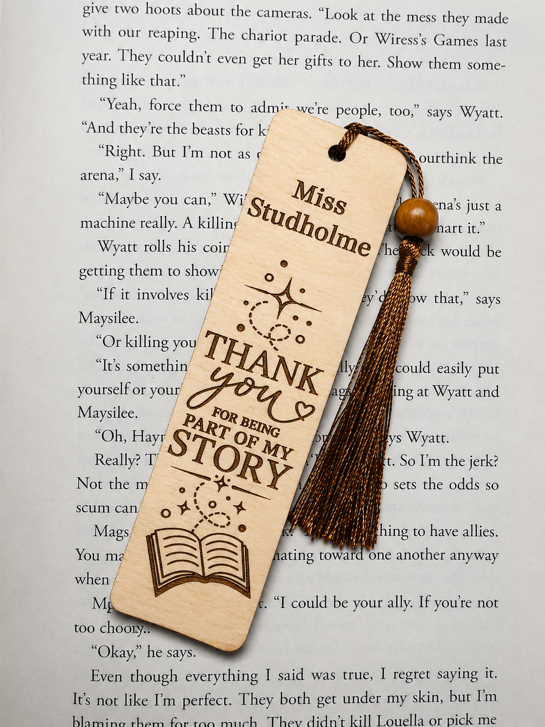 Custom teacher bookmark engraved “Thank you for being part of my story” with name Miss Studholme