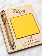 Engraved wooden desk set with personalised pen and sticky notes holder, custom name gift