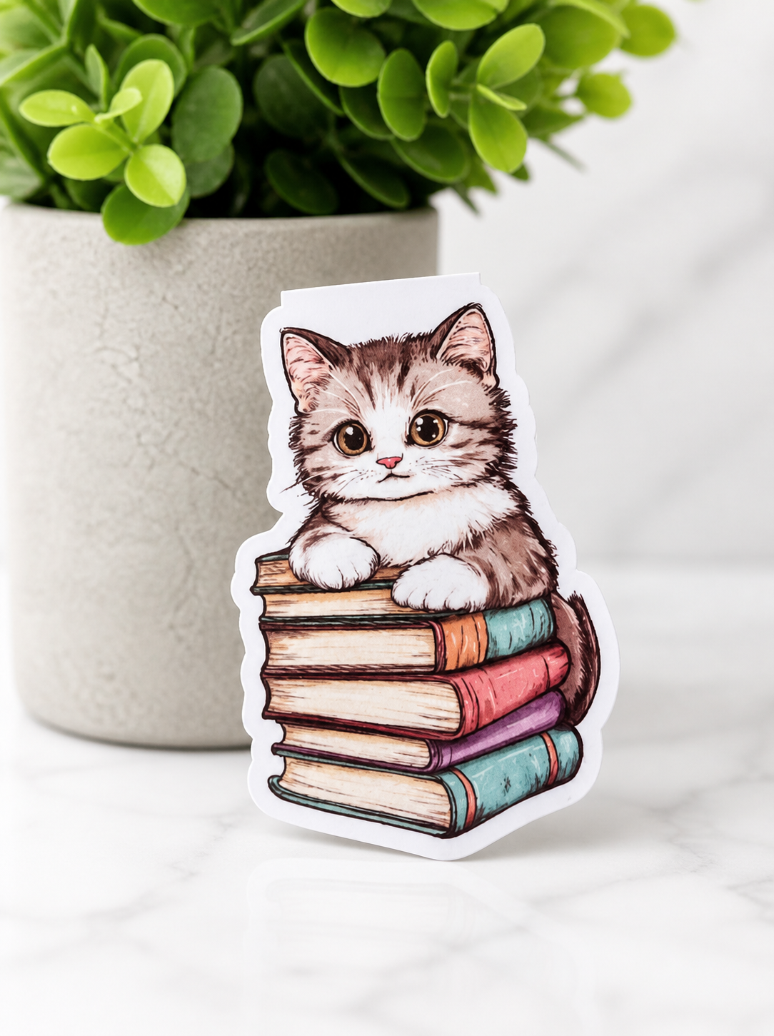 Adorable cat magnetic bookmark sitting on stack of books