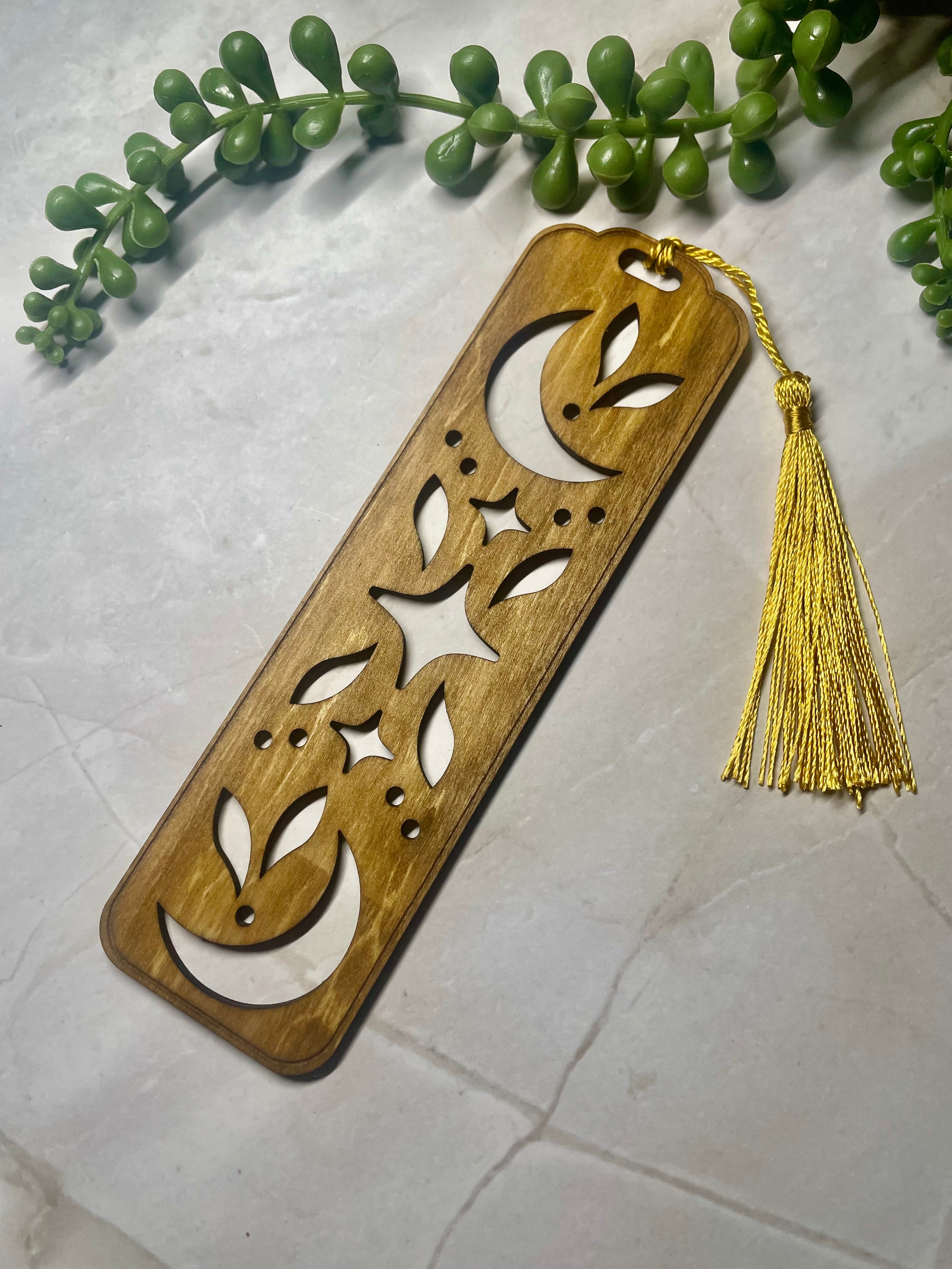 Celestial Wooden Bookmark – Moon & Stars Cut-Out Design – Rustic Basswood Page Marker with Tassel – Gift for Book Lovers