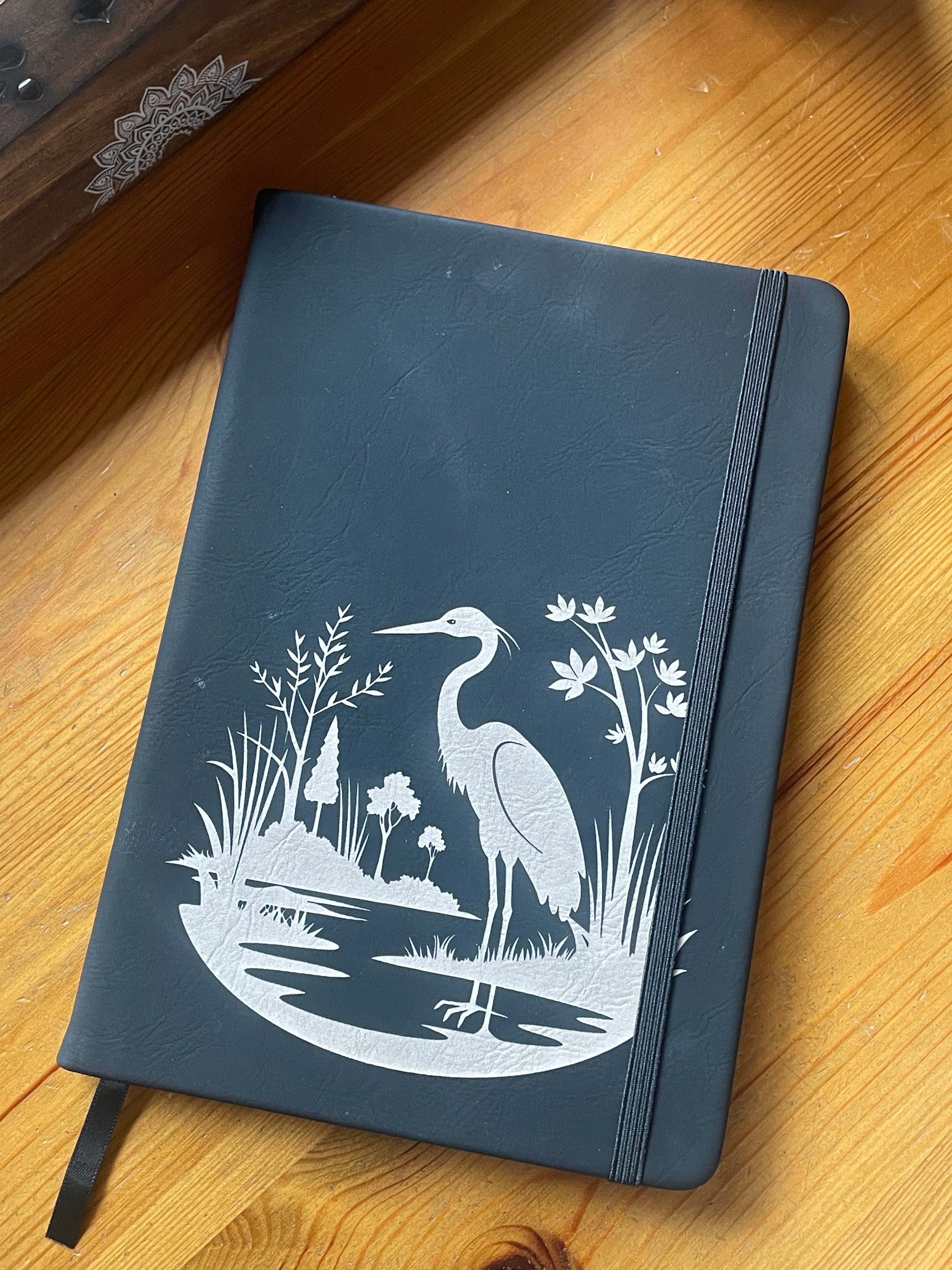 Heron Design- Engraved A5 Faux Leather Lined Notebook