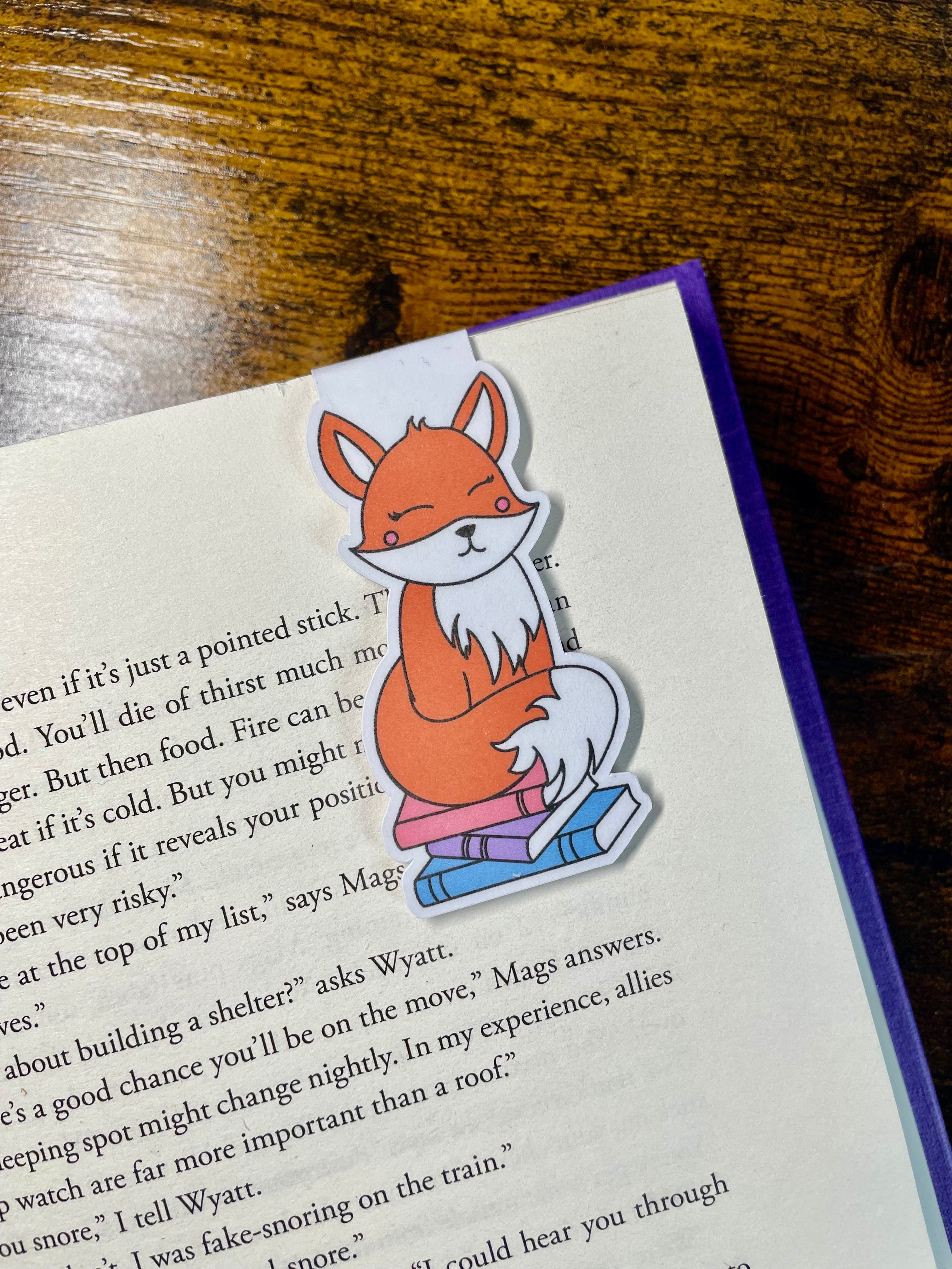 Red Fox Sitting On A Pile Of Books- Magnetic Bookmark