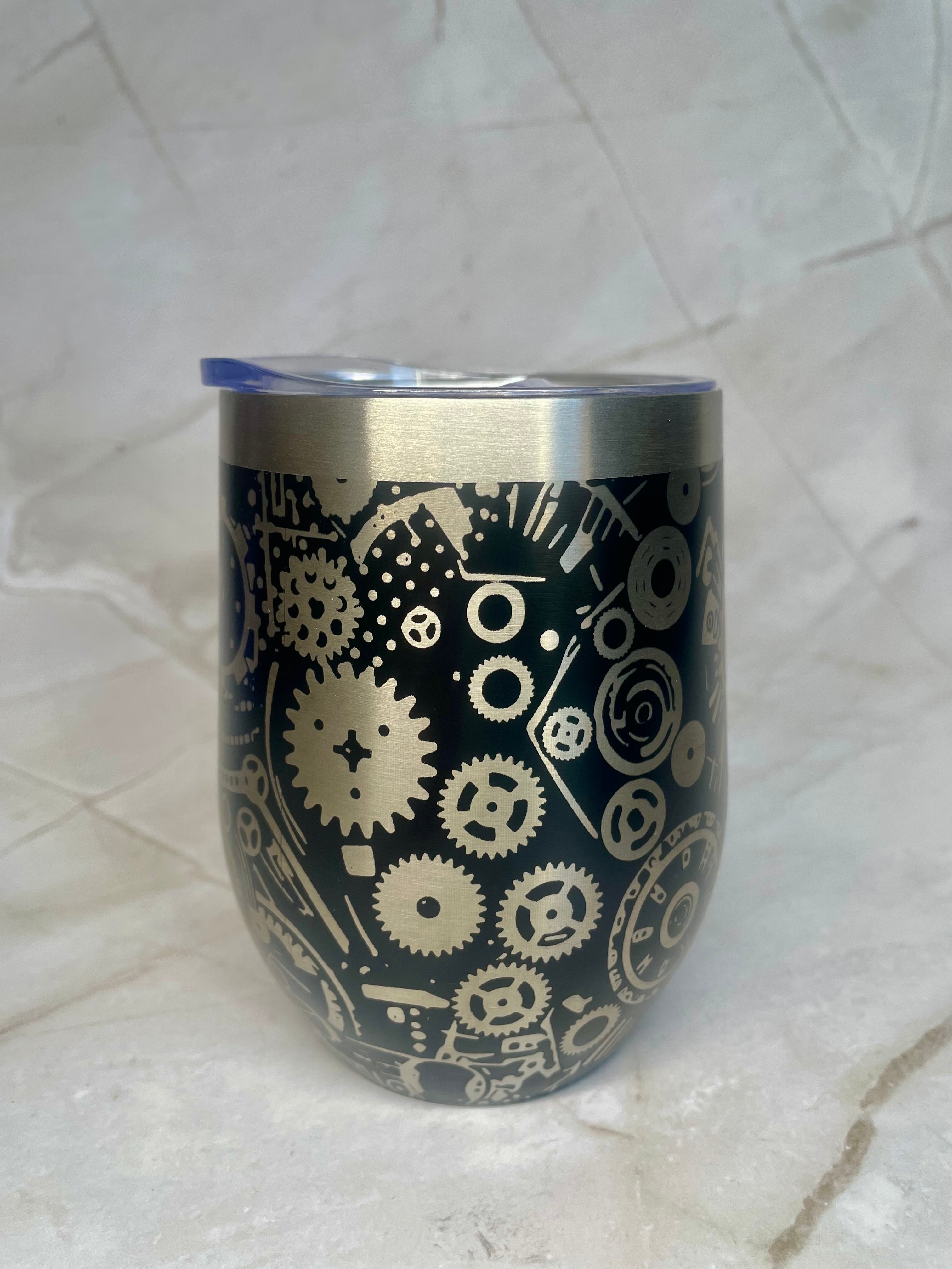 Steampunk Gear Engraved Stainless Steel Tumbler – Mechanical Cog Drinkware