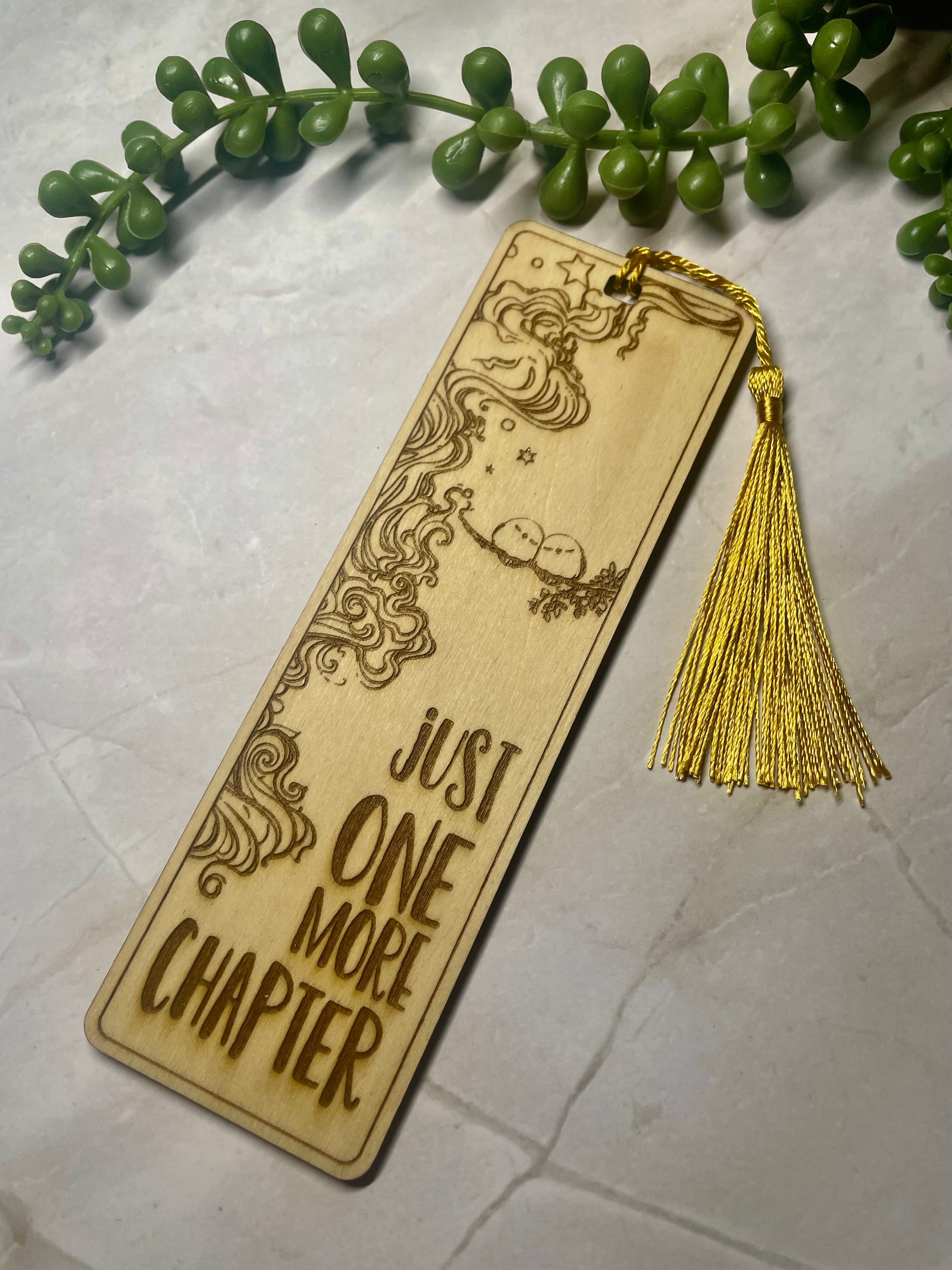 Engraved Wooden Bookmark – “Just One More Chapter” – Book Lover Gift – Rustic Basswood Page Marker with Tassel