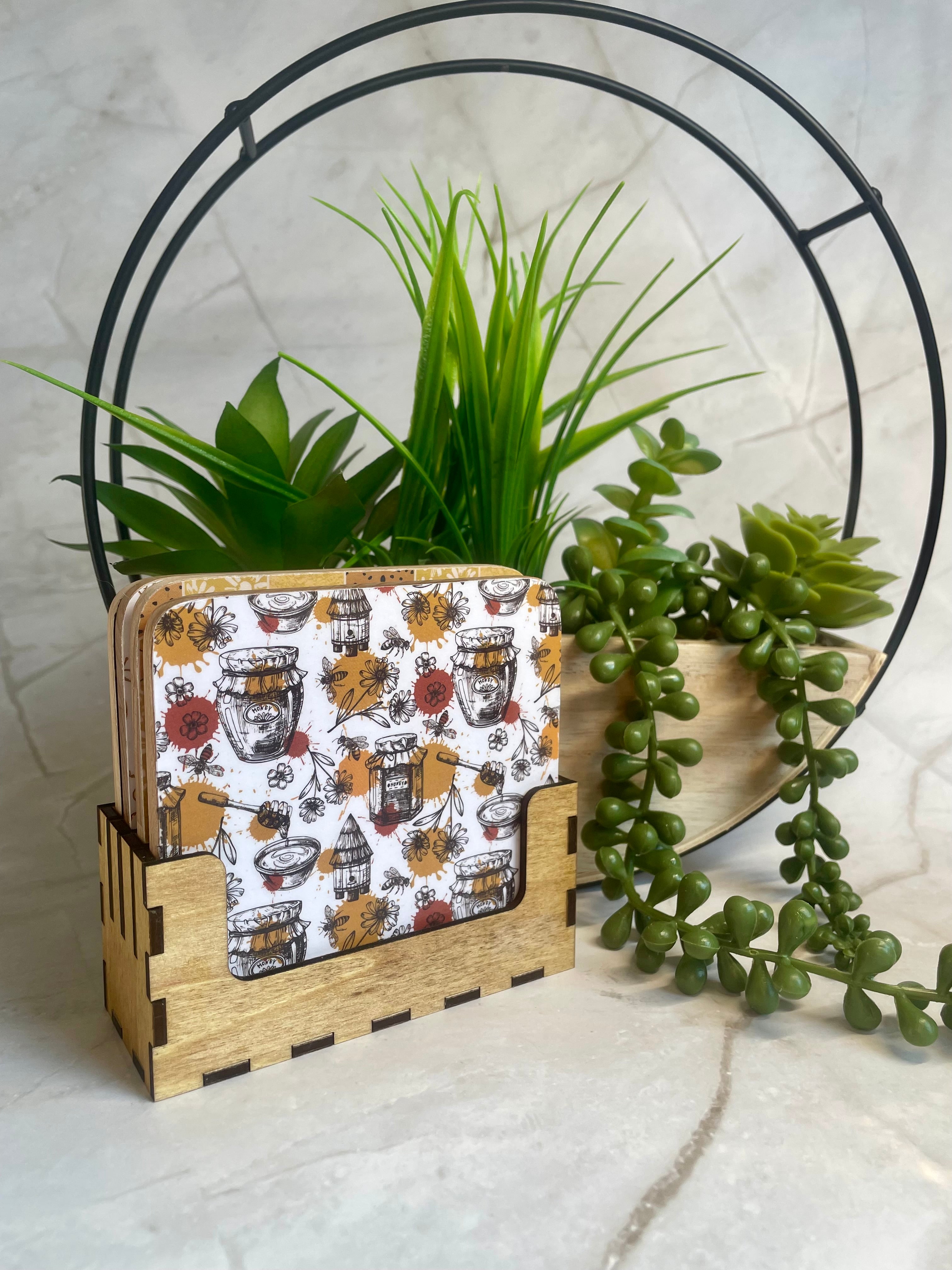 Bee Themed Wooden Coaster Set with Holder – Honeybee Drink Coasters
